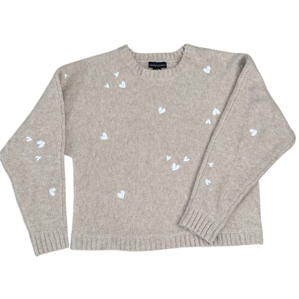 Cynthia Rowley Beige Heart Accent Crewneck Sweater, Womens size Medium.